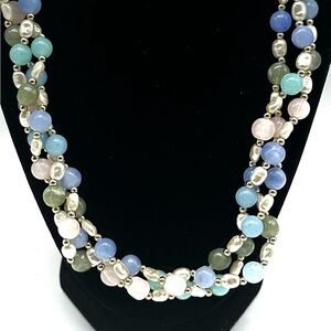 Vintage Pastel Necklace 3 Strand Green Blue White Purple Twisted Bead Necklace
